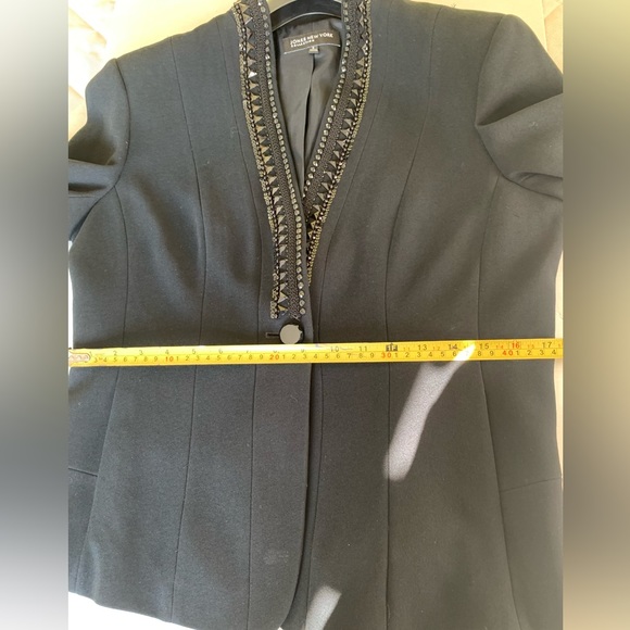 Jones New York long black tuxedo style blazer jacket shiny beaded V neck collar - Picture 13 of 15